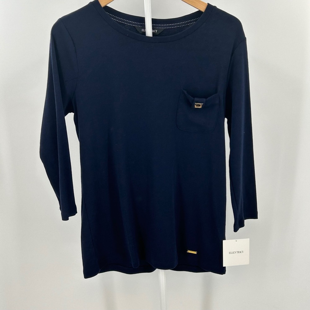 Ellen Tracy Admiral Blue Long Sleeve Pocket Top Gold Toggle L Coquette Tee